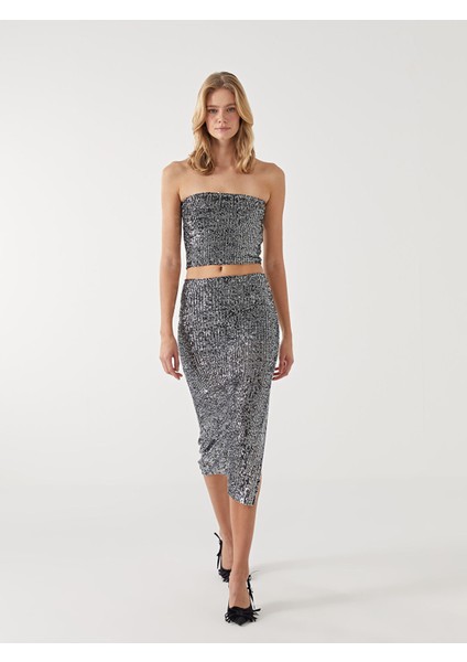 Yeni Sezon Straplez Yaka Pul Payetli Kadın Crop