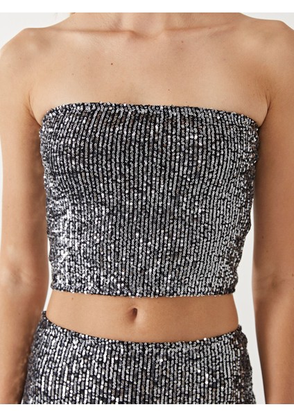 Yeni Sezon Straplez Yaka Pul Payetli Kadın Crop modelleri