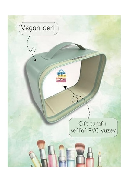 Figiza Makyaj Çantası Kozmetik Düzenleyici Seyahat Tipi Deri Görünümlü Şeffaf Organizer (24 * 18 * 11 Cm) (Yeşil)