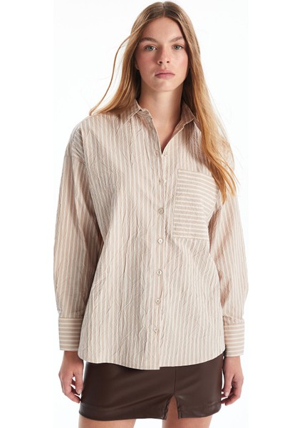 Yeni Sezon Çizgili Oversize Poplin Kadın Gömlek