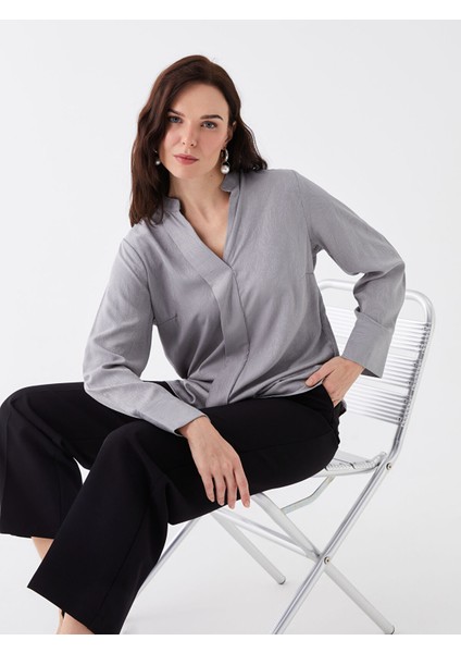 Yeni Sezon Kaçık Yaka Desenli Uzun Kollu Kadın Bluz