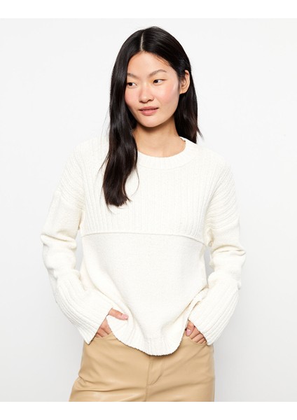 Yeni Sezon Bisiklet Yaka Kendinden Desenli Uzun Kollu Kadın Triko Kazak