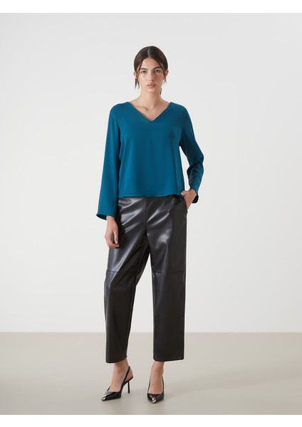 Yeni Sezon Beli Lastikli Deri Görünümlü Kadın Pantolon fiyatları
