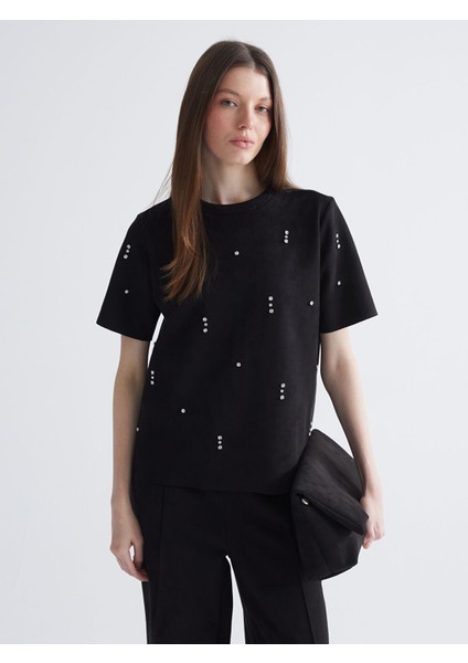 Yeni Sezon Bisiklet Yaka Taşlı Bluz