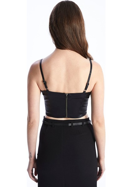 Yeni Sezon U Yaka Deri Görünümlü Kadın Crop indirimleri