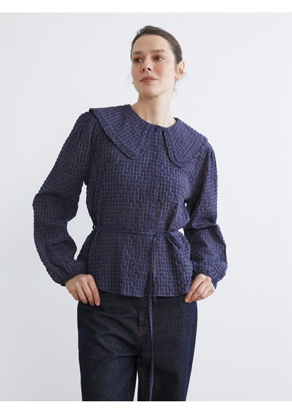 Yeni Sezon Bebe Yaka Ekose Gofre Kadın Gömlek