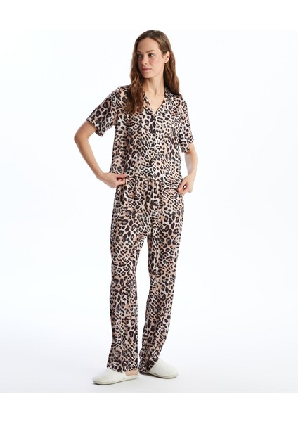 Yeni Sezon Gömlek Yaka Leopar Desenli Saten Kadın Pijama Takımı fiyatları