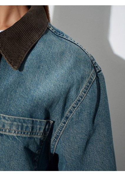 65381 %100 Pamuk Kadife Yakalı Kot Ceket-Tint fırsatları