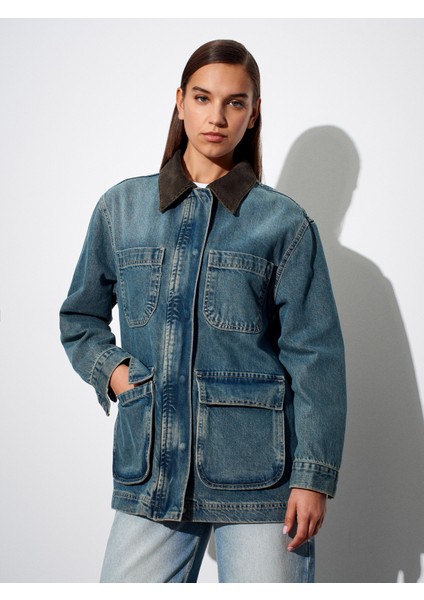 65381 %100 Pamuk Kadife Yakalı Kot Ceket-Tint modelleri