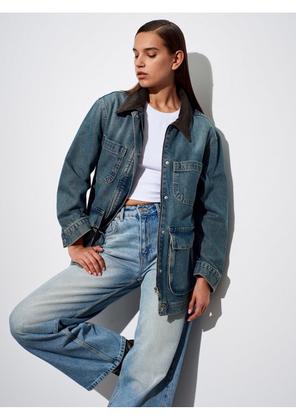 65381 %100 Pamuk Kadife Yakalı Kot Ceket-Tint