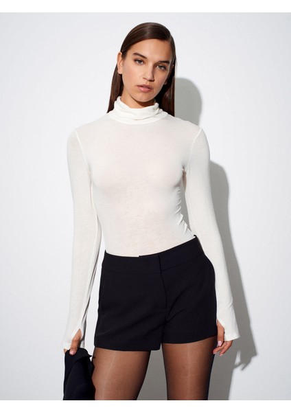 32253 Yün Karışımlı Balıkçı Yaka Top-Ekru