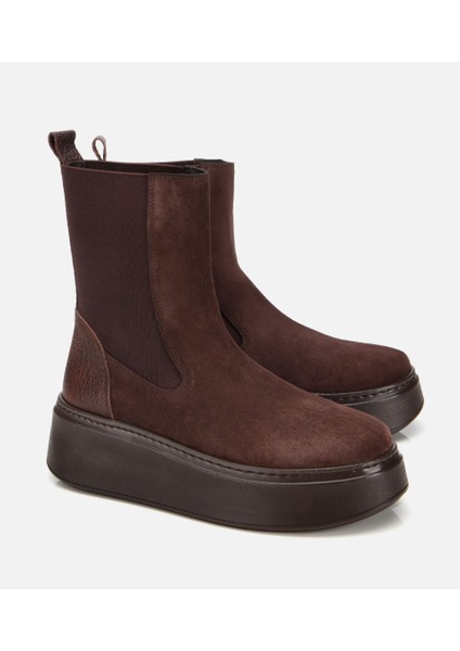 01BOH317830A480 KADIN Süet Deri Kahverengi Lastik Detaylı Kalın Tabanlı Düz Bot fiyatları