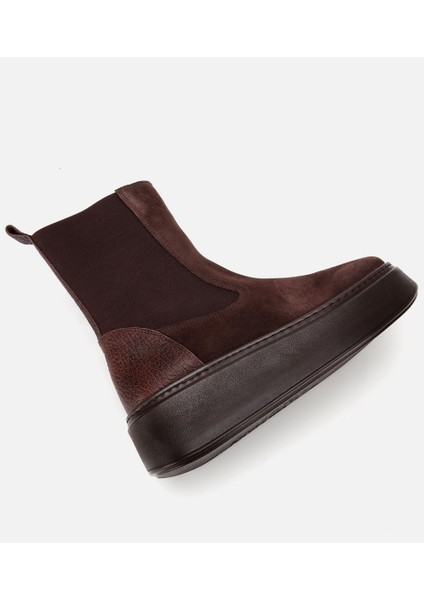 01BOH317830A480 KADIN Süet Deri Kahverengi Lastik Detaylı Kalın Tabanlı Düz Bot