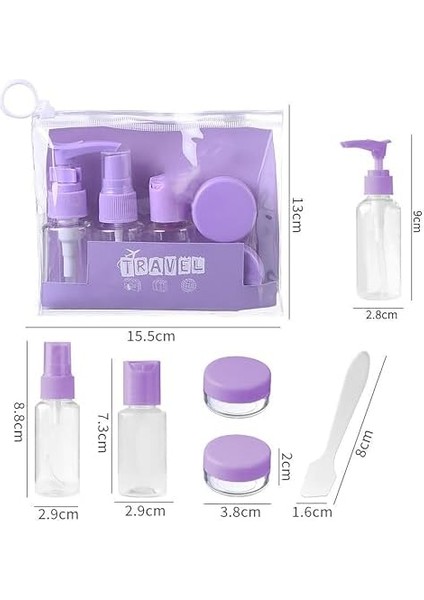 Promosyonca 7 Parça Seyahat Seti, Mor, Sprey ve Pompalı Şişeler, Krem Kapları, Mini Huni, Şeffaf Taşıma Çantalı, Uçak Bagajı Uyumlu, Boş Şişe (Gül Kurusu)