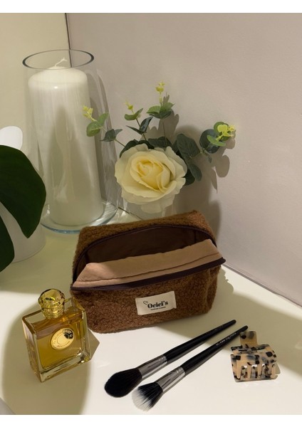 Kahverengi Kürklü Peluş Makyaj Çantası Büyük Boy