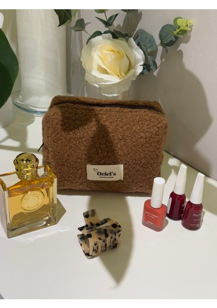 Kahverengi Kürklü Peluş Makyaj Çantası Büyük Boy fırsatları