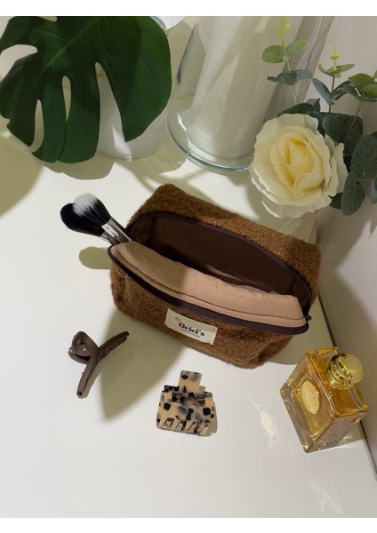 Kahverengi Kürklü Peluş Makyaj Çantası Büyük Boy indirimleri