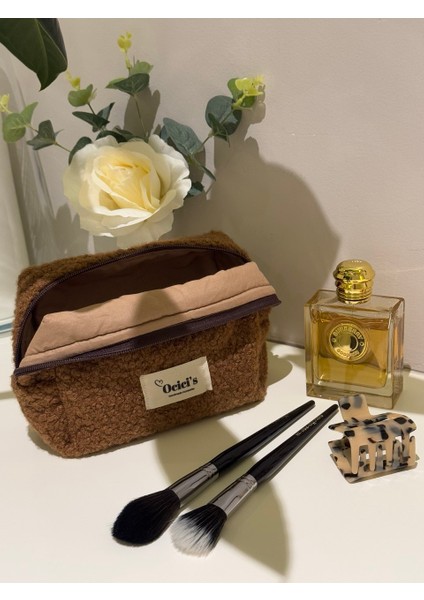 Kahverengi Kürklü Peluş Makyaj Çantası Büyük Boy