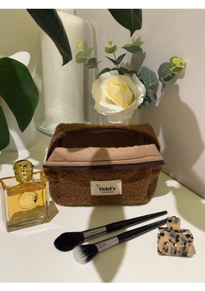 Kahverengi Kürklü Peluş Makyaj Çantası Büyük Boy