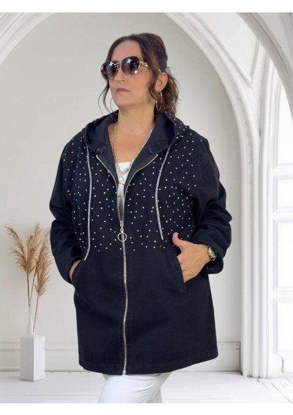 Kapüşonlu Taş Işleme Detaylı Ekstra Battal Büyük Beden Denim Kot Ceket fiyatları