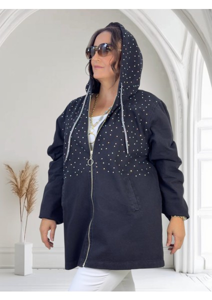 Kapüşonlu Taş Işleme Detaylı Ekstra Battal Büyük Beden Denim Kot Ceket modelleri