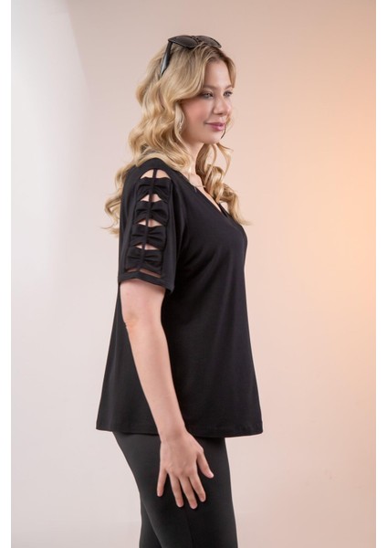 Kadın Büyük Beden Kol Detaylı Bluz Siyah modelleri