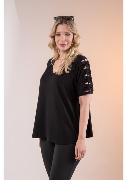 Kadın Büyük Beden Kol Detaylı Bluz Siyah indirimleri