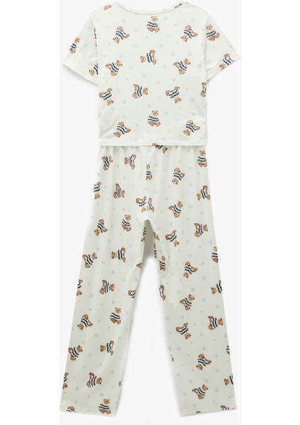 Rahat Kalıp Kısa Kollu Bisiklet Yaka Ayıcık Baskılı Pijama Takımı fiyatları