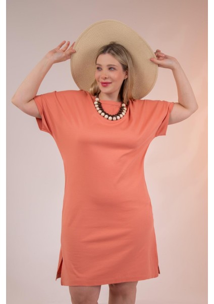Kadın 210105 Bisiklet Yaka Cepli Elbise Turuncu Siyah