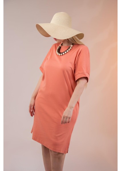 Kadın 210105 Bisiklet Yaka Cepli Elbise Turuncu Siyah