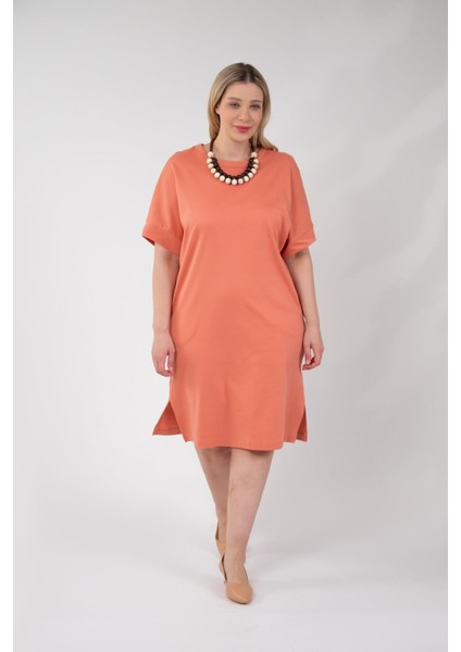 Kadın 210105 Bisiklet Yaka Cepli Elbise Turuncu Siyah