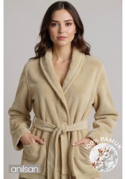 %100 Pamuk Bej Bornoz - Şalyaka Otel Bornozu, Spa Için Ideal, Günlük Kullanıma Uygun