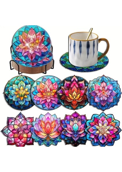 5 D Kendin Yap 8 Li Elmas Mozaik Boyama Bardak Altlığı Seti