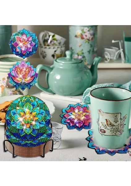 5 D Kendin Yap 8 Li Elmas Mozaik Boyama Bardak Altlığı Seti