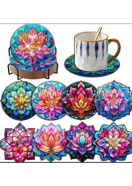 5 D Kendin Yap 8 Li Elmas Mozaik Boyama Bardak Altlığı Seti