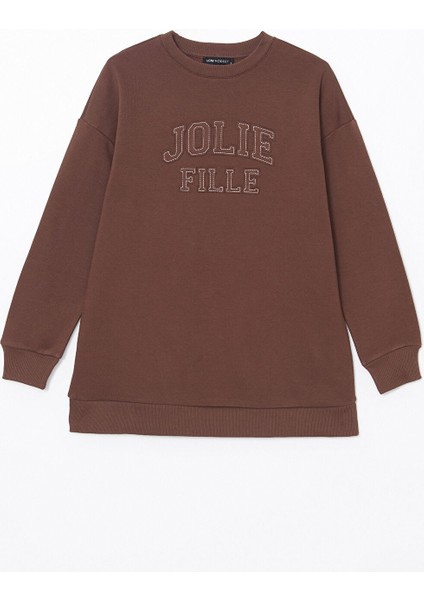 Yeni Sezon Bisiklet Yaka Nakışlı Kadın Kalın Sweatshirt Tunik indirimleri