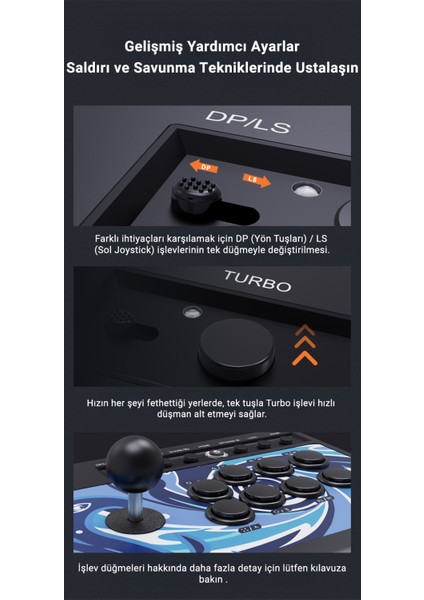 008 Arcade Dövüş Kolu | Mavi Switch Mekanik Tuşlar, 50 Milyon Basım, Turbo Fonksiyonu, Klasik Çelik Joystick