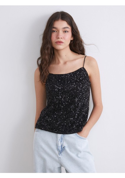 Yeni Sezon Kare Yaka Pul Payetli Kadın Bluz