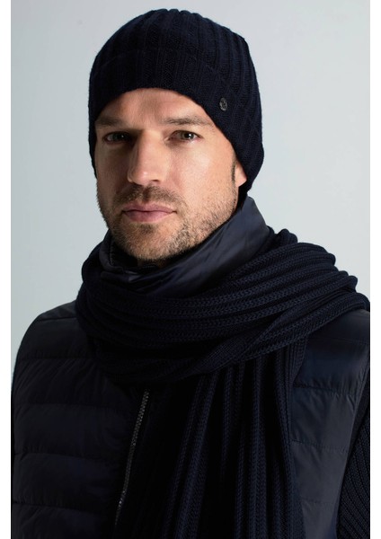 Örgü Desenli Lacivert Merino Yün Su Itici Bere