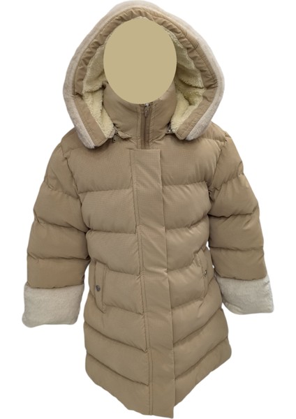 Kız Çocuk Kapüşonu Bilek Kısımları Kürklü Peluş Astarlı Midi Boy Vizon Renk Mont