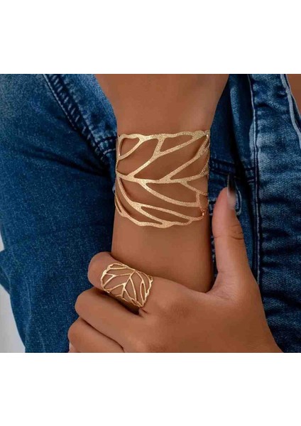 Çelik Yaprak Model Manşet Bileklik Yüzük Set