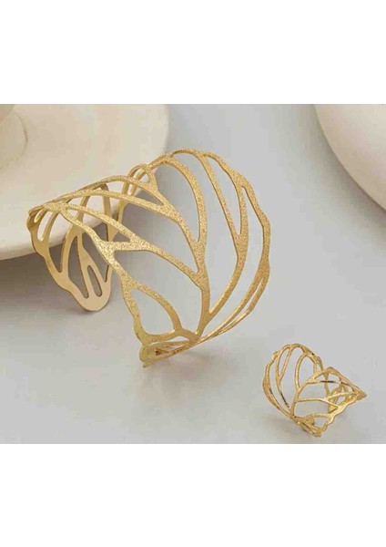 Çelik Yaprak Model Manşet Bileklik Yüzük Set modelleri