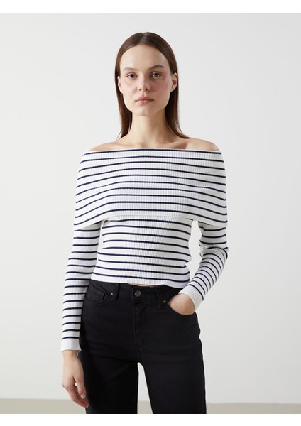 Yeni Sezon Kayık Yaka Çizgili Kadın Triko Kazak