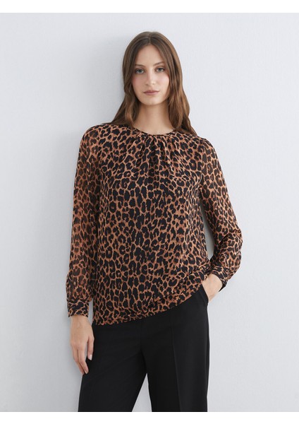 Yeni Sezon Bisiklet Yaka Leopar Desenli Büzgülü Bluz