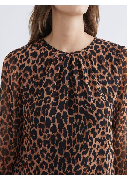 Yeni Sezon Bisiklet Yaka Leopar Desenli Büzgülü Bluz modelleri