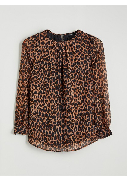 Yeni Sezon Bisiklet Yaka Leopar Desenli Büzgülü Bluz indirimleri