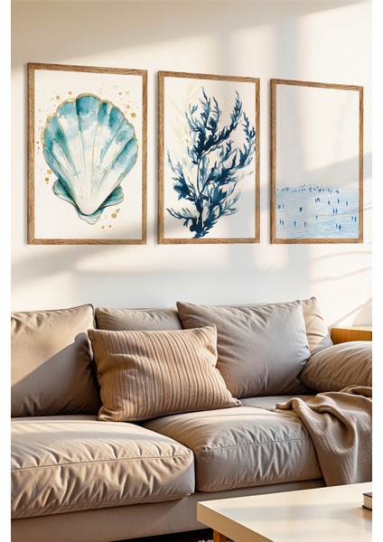 3 Parça Denizin Sakinliği Temalı Ahşap Çerçeve Görünülüm Mdf Tablo Seti