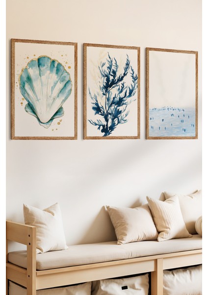 3 Parça Denizin Sakinliği Temalı Ahşap Çerçeve Görünülüm Mdf Tablo Seti fiyatları
