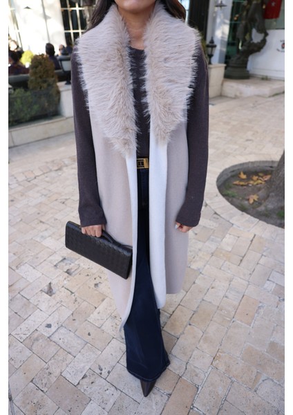 Yakası Kürk Detaylı Uzun Triko Yelek fiyatları