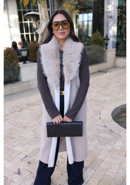 Yakası Kürk Detaylı Uzun Triko Yelek fırsatları